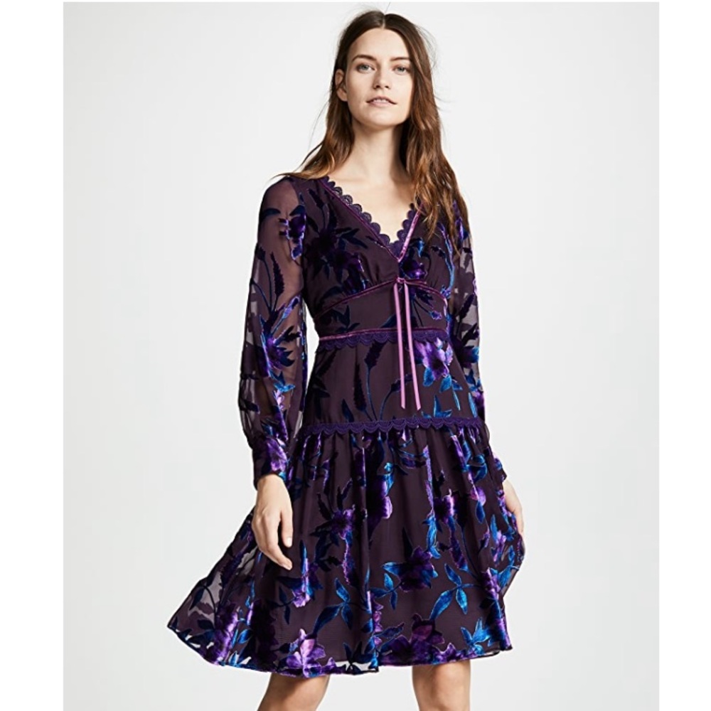 Marchesa Notte Purple Sheer Floral Dress | Wedding Guest / Cocktail